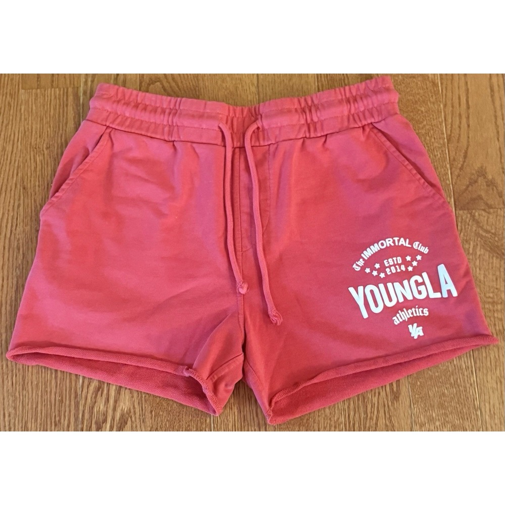 YoungLA 152 Immortal Club Sweat Shorts Mens Large 3.5" Raw Hem Gym Pinkish Red